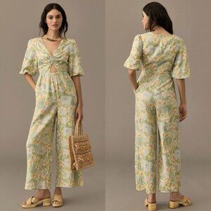 Sancia Anthropologie Pastel Yellow Blue Floral Aida Linen Short Sleeve Jumpsuit